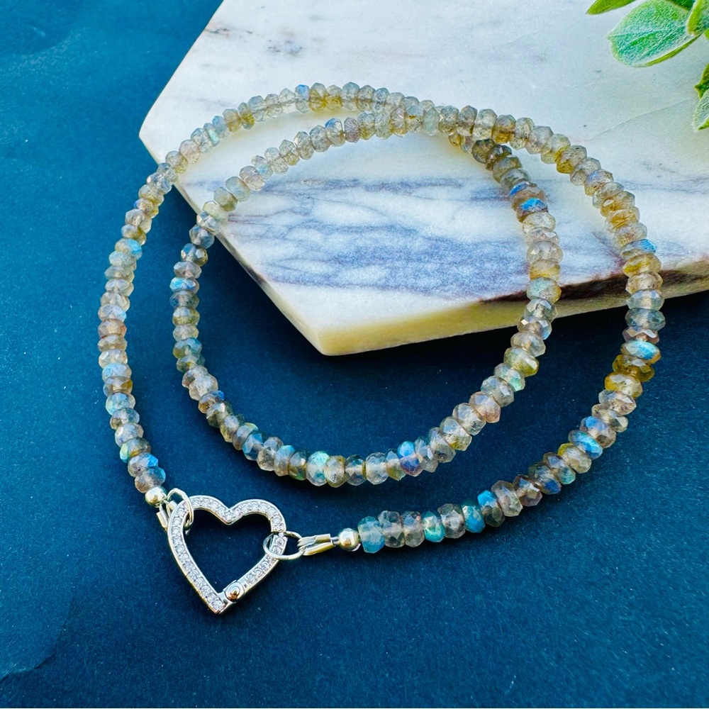 Labradorite Necklace Beaded Gemstone Choker Sterling Silver Heart